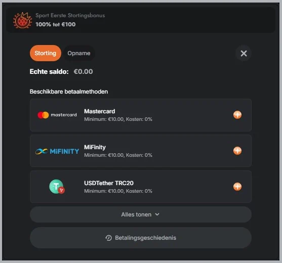 Beschikbare betaalmethoden bij Gransino voor stortingen met Mastercard, MiFinity en USDT